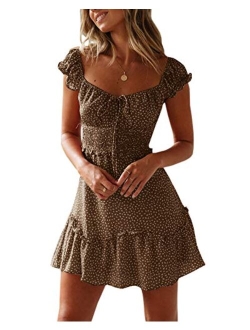 Yobecho Womens Summer Ruffle Sleeve Sweetheart Neckline Printing Dress Mini Dress