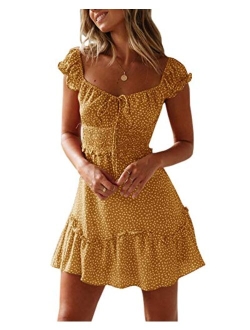 Yobecho Womens Summer Ruffle Sleeve Sweetheart Neckline Printing Dress Mini Dress