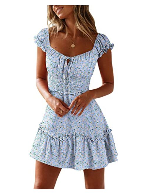 Yobecho Womens Summer Ruffle Sleeve Sweetheart Neckline Printing Dress Mini Dress