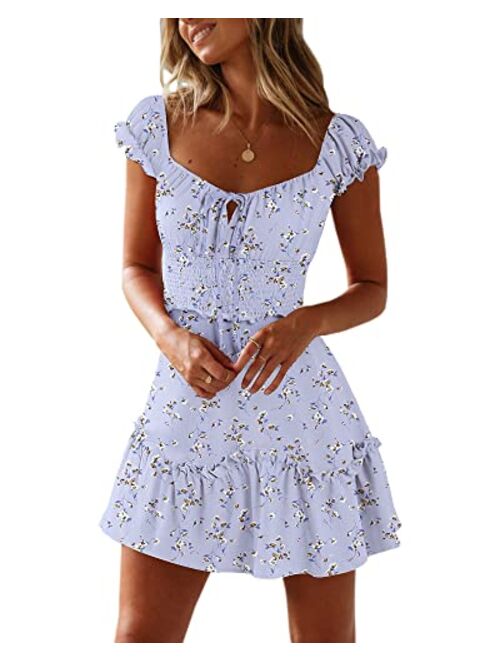 Yobecho Womens Summer Ruffle Sleeve Sweetheart Neckline Printing Dress Mini Dress