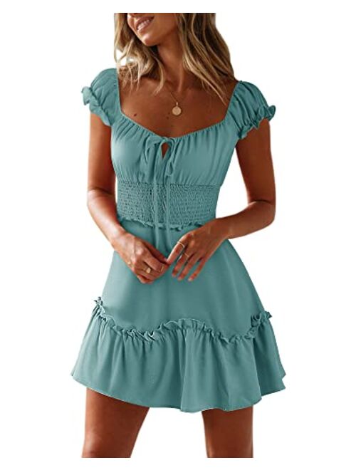 Yobecho Womens Summer Ruffle Sleeve Sweetheart Neckline Printing Dress Mini Dress