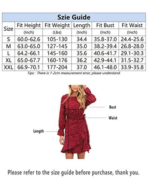 Relipop Women's Dress Polka Dot Floral Print Long Sleeve Crewneck Fishtail Ruffle Hem Short Mini Dresses