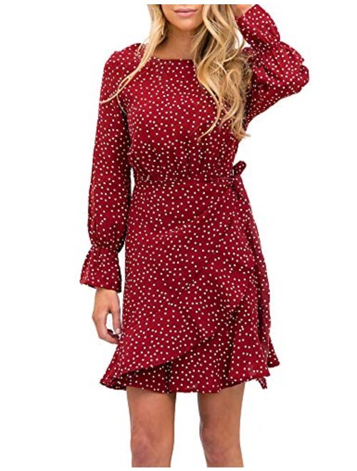 Relipop Women's Dress Polka Dot Floral Print Long Sleeve Crewneck Fishtail Ruffle Hem Short Mini Dresses