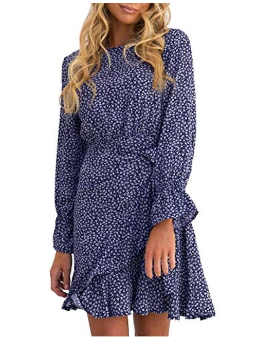 Relipop Women's Dress Polka Dot Floral Print Long Sleeve Crewneck Fishtail Ruffle Hem Short Mini Dresses