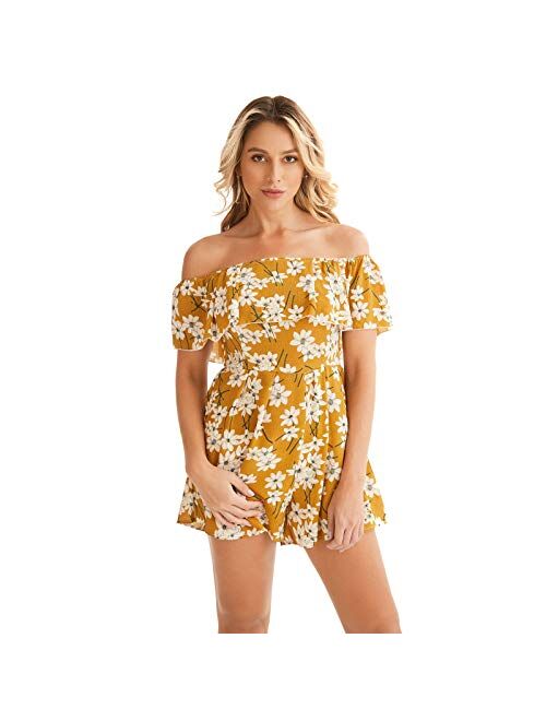 Women's Summer Floral Off Shoulder Ruffled Short Sleeve High Waist Wide Leg Pants Casual Loose Jumpsuit Romper