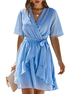 BTFBM Women Fashion Faux Wrap Swiss Dot V-Neck Short Sleeve High Waist A-Line Ruffle Plain Belt Short Dress