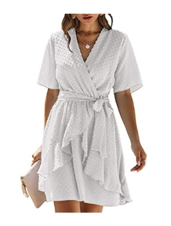 BTFBM Women Fashion Faux Wrap Swiss Dot V-Neck Short Sleeve High Waist A-Line Ruffle Plain Belt Short Dress