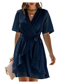 BTFBM Women Fashion Faux Wrap Swiss Dot V-Neck Short Sleeve High Waist A-Line Ruffle Plain Belt Short Dress