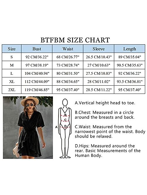 BTFBM Women Fashion Faux Wrap Swiss Dot V-Neck Short Sleeve High Waist A-Line Ruffle Plain Belt Short Dress