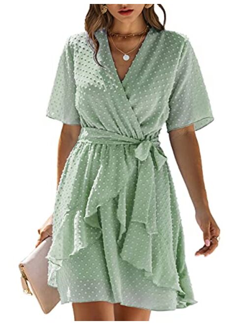 BTFBM Women Fashion Faux Wrap Swiss Dot V-Neck Short Sleeve High Waist A-Line Ruffle Plain Belt Short Dress