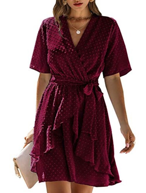 BTFBM Women Fashion Faux Wrap Swiss Dot V-Neck Short Sleeve High Waist A-Line Ruffle Plain Belt Short Dress