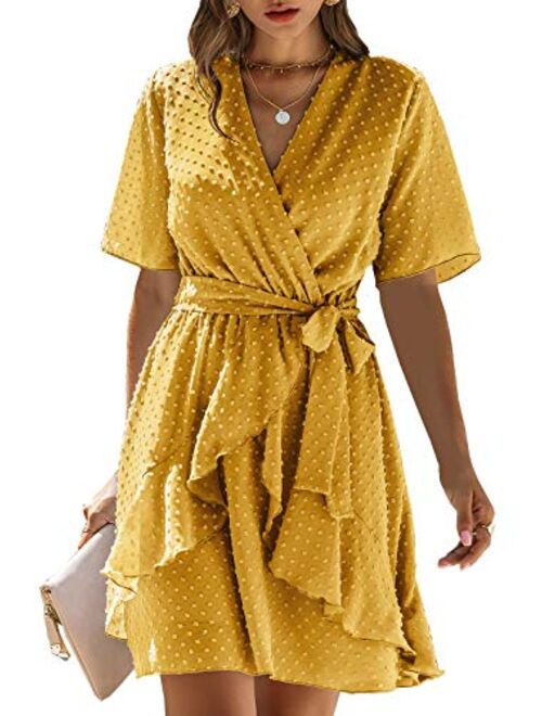 BTFBM Women Fashion Faux Wrap Swiss Dot V-Neck Short Sleeve High Waist A-Line Ruffle Plain Belt Short Dress