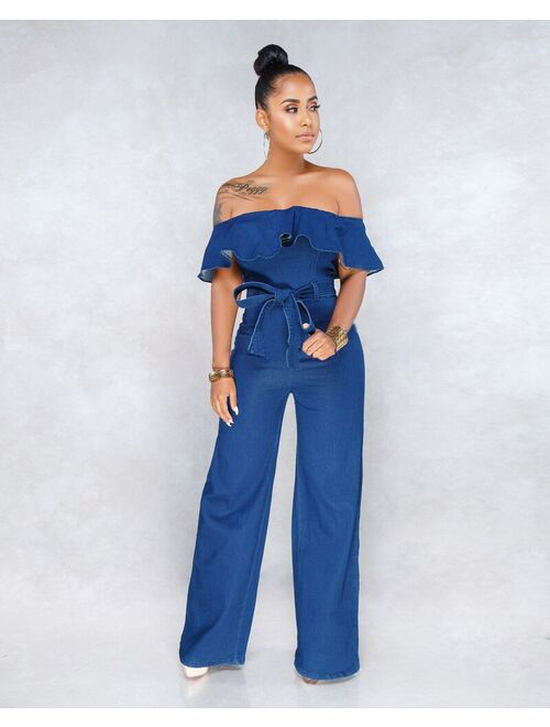 OKAYOASIS OKAYOASIS Sexy Women Slash Neck Off Shoulder Denim Elegant Casual Jumpsuit Wide Leg Party Jeans Jumpsuit Overalls