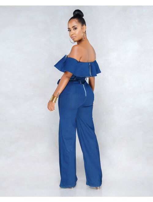 OKAYOASIS OKAYOASIS Sexy Women Slash Neck Off Shoulder Denim Elegant Casual Jumpsuit Wide Leg Party Jeans Jumpsuit Overalls