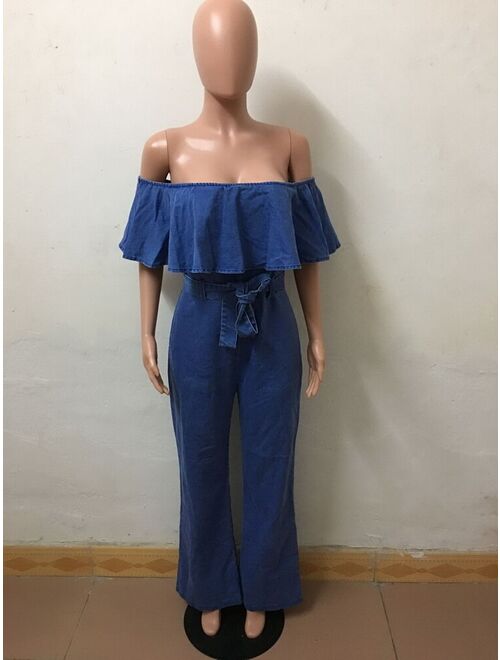 OKAYOASIS OKAYOASIS Sexy Women Slash Neck Off Shoulder Denim Elegant Casual Jumpsuit Wide Leg Party Jeans Jumpsuit Overalls