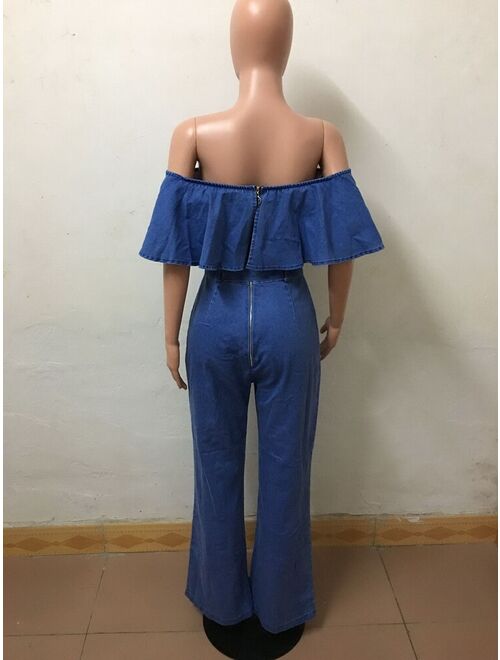 OKAYOASIS OKAYOASIS Sexy Women Slash Neck Off Shoulder Denim Elegant Casual Jumpsuit Wide Leg Party Jeans Jumpsuit Overalls