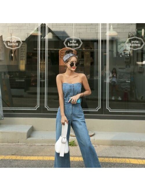 2019 Streetwear Women Sexy Off Shoulder Denim Jumpsuit Fashion Sleeveless Long Romper Vocation Holiday Wide Leg Playsuits