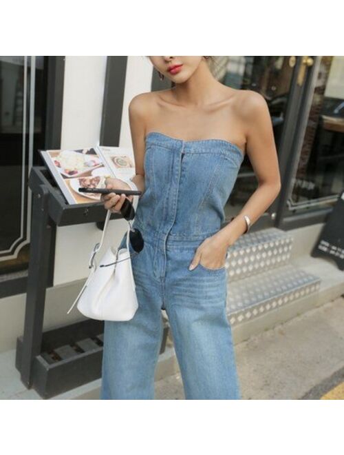 2019 Streetwear Women Sexy Off Shoulder Denim Jumpsuit Fashion Sleeveless Long Romper Vocation Holiday Wide Leg Playsuits