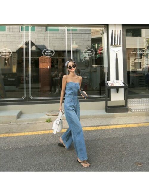 2019 Streetwear Women Sexy Off Shoulder Denim Jumpsuit Fashion Sleeveless Long Romper Vocation Holiday Wide Leg Playsuits