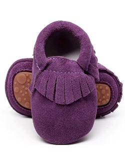 HONGTEYA Leather Baby Moccasins Hard Soled Tassel Crib Toddler Shoes for Boys and Girls