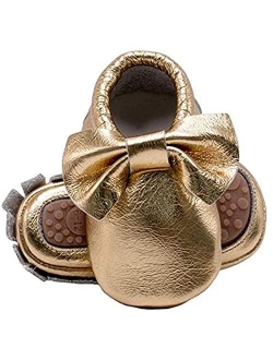 HONGTEYA Leather Baby Moccasins Hard Soled Tassel Crib Toddler Shoes for Boys and Girls