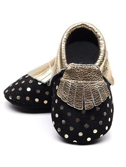 HONGTEYA Leather Baby Moccasins Hard Soled Tassel Crib Toddler Shoes for Boys and Girls