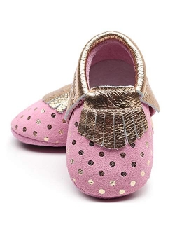 HONGTEYA Leather Baby Moccasins Hard Soled Tassel Crib Toddler Shoes for Boys and Girls