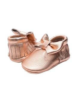 HONGTEYA Leather Baby Moccasins Hard Soled Tassel Crib Toddler Shoes for Boys and Girls