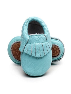 HONGTEYA Leather Baby Moccasins Hard Soled Tassel Crib Toddler Shoes for Boys and Girls