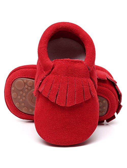 HONGTEYA Leather Baby Moccasins Hard Soled Tassel Crib Toddler Shoes for Boys and Girls