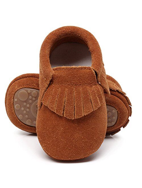 HONGTEYA Leather Baby Moccasins Hard Soled Tassel Crib Toddler Shoes for Boys and Girls