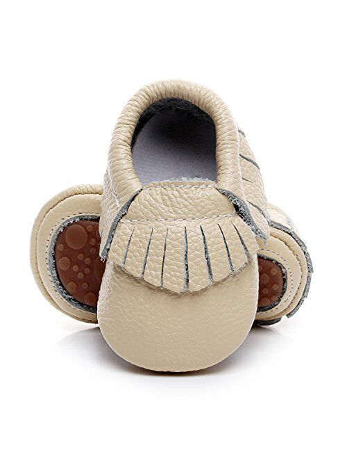 HONGTEYA Leather Baby Moccasins Hard Soled Tassel Crib Toddler Shoes for Boys and Girls