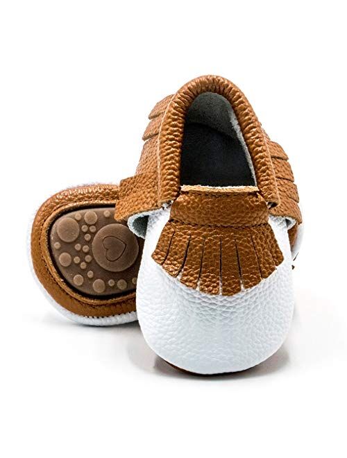 HONGTEYA Leather Baby Moccasins Hard Soled Tassel Crib Toddler Shoes for Boys and Girls