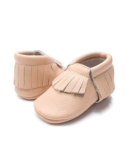 HONGTEYA Leather Baby Moccasins Hard Soled Tassel Crib Toddler Shoes for Boys and Girls