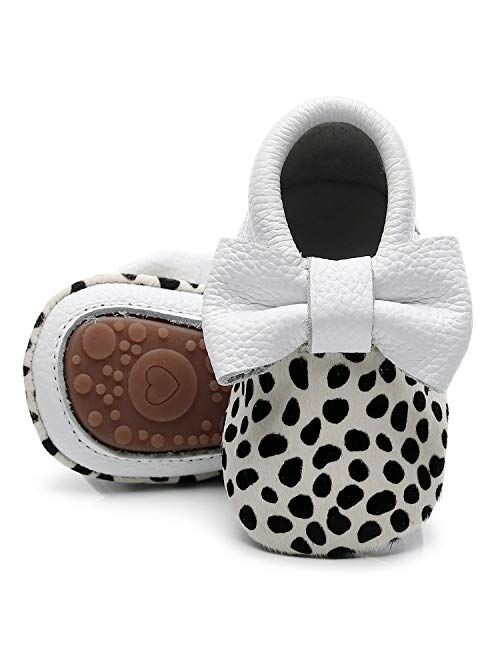 HONGTEYA Leather Baby Moccasins Hard Soled Tassel Crib Toddler Shoes for Boys and Girls