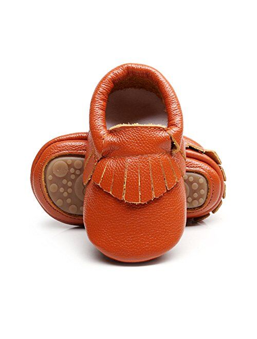 HONGTEYA Leather Baby Moccasins Hard Soled Tassel Crib Toddler Shoes for Boys and Girls