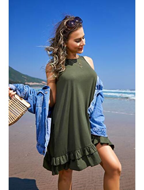 Beyove Summer Beach Dress Swimsuit Cover Ups for Women Loose T Shirt Ruffle Bottom Dress with Pockets