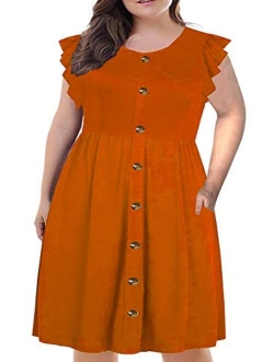 BEDOAR Women's Summer Plus Size Ruffle Sleeve O-Neck Button Down Casual A-Line Swing Dress with Pockets