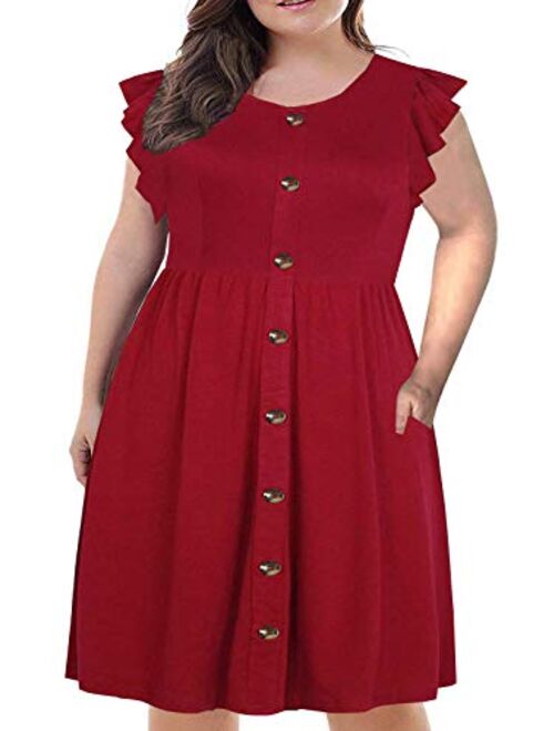 BEDOAR Women's Summer Plus Size Ruffle Sleeve O-Neck Button Down Casual A-Line Swing Dress with Pockets