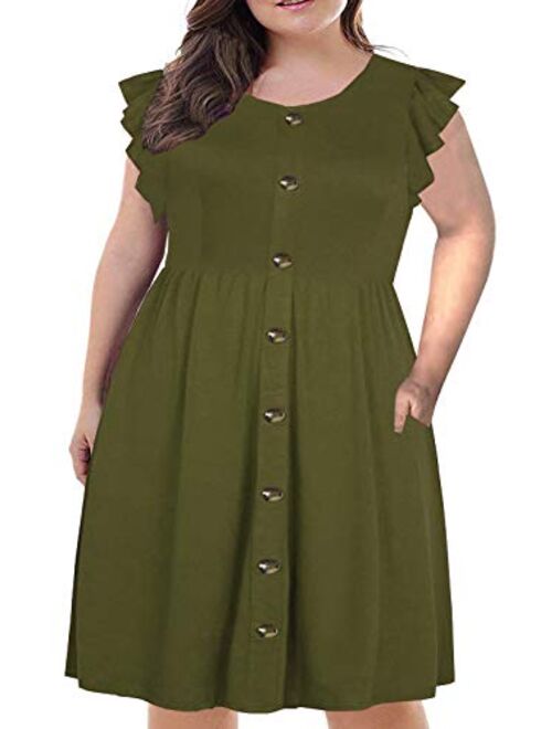 BEDOAR Women's Summer Plus Size Ruffle Sleeve O-Neck Button Down Casual A-Line Swing Dress with Pockets