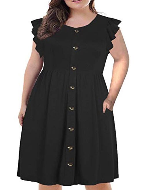 BEDOAR Women's Summer Plus Size Ruffle Sleeve O-Neck Button Down Casual A-Line Swing Dress with Pockets