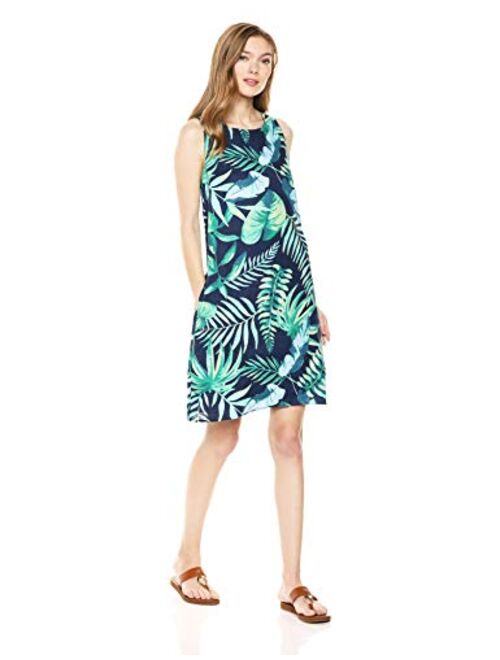 28 Palms Women's 100% Linen Hawaiian Print Sleeveless Shift Dress with Pockets