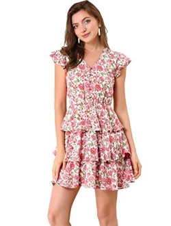 Women's V Neck Button Front Layered Cap Sleeve Ruffle Summer Floral Mini Dress