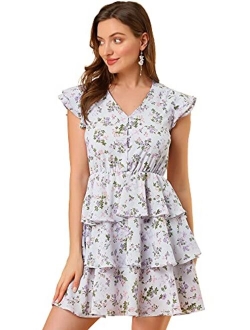 Women's V Neck Button Front Layered Cap Sleeve Ruffle Summer Floral Mini Dress