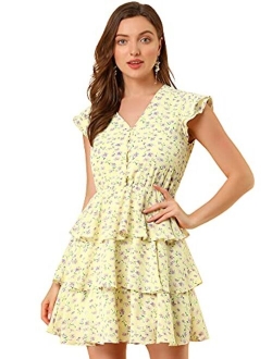 Women's V Neck Button Front Layered Cap Sleeve Ruffle Summer Floral Mini Dress