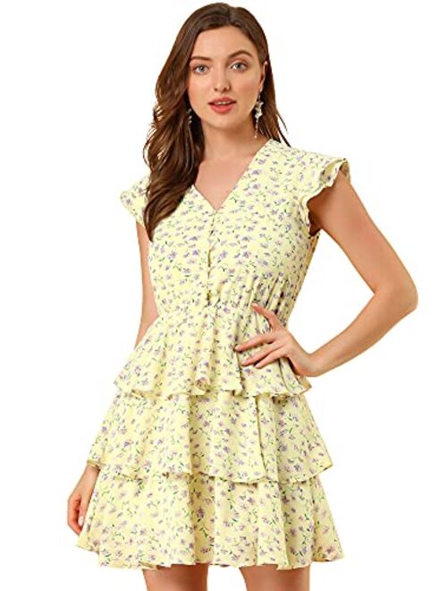 Allegra K Women's V Neck Button Front Layered Cap Sleeve Ruffle Summer Floral Mini Dress