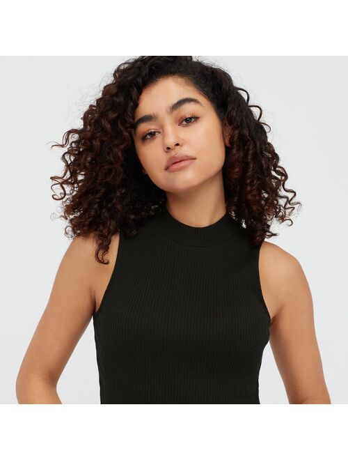 WOMEN COTTON RIBBED HIGH-NECK SLEEVELESS CROP TOP