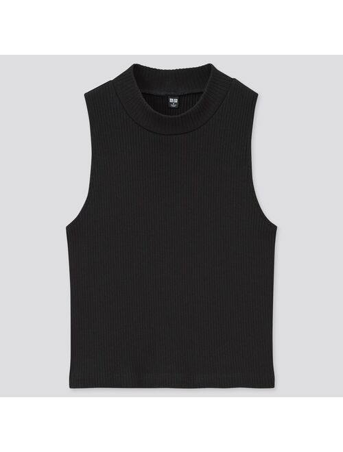 WOMEN COTTON RIBBED HIGH-NECK SLEEVELESS CROP TOP