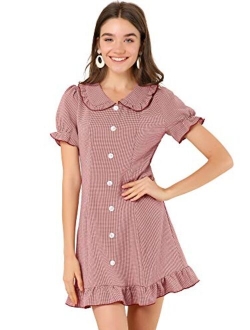 Women's Peter Pan Collar Button Decor Ruffle Hem Plaid Dress