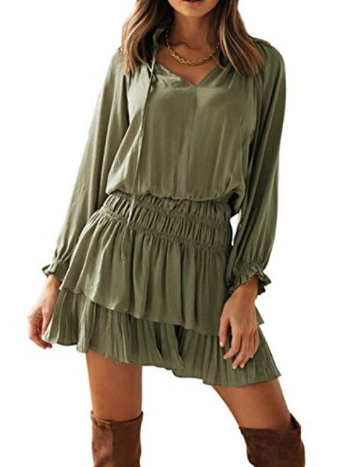 R.Vivimos Women's Cotton Long Sleeves V Neck Layered Ruffles Pleated Swing Mini Dress